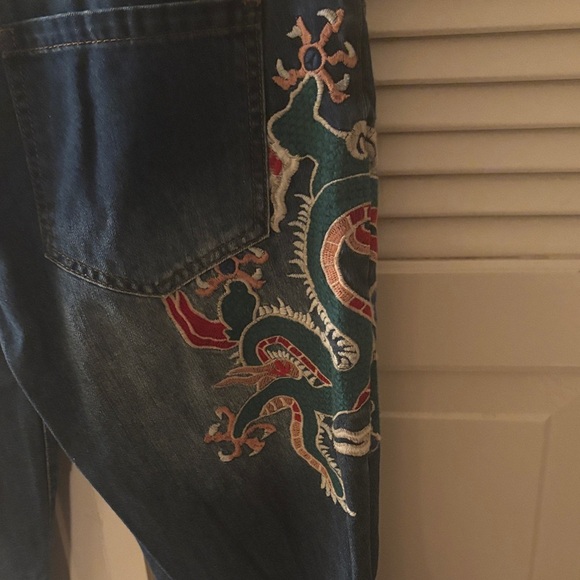 Liebo Vibrant Dragon Embroidered Denim Jeans, Accents at Knees Size 30 - Picture 7 of 9